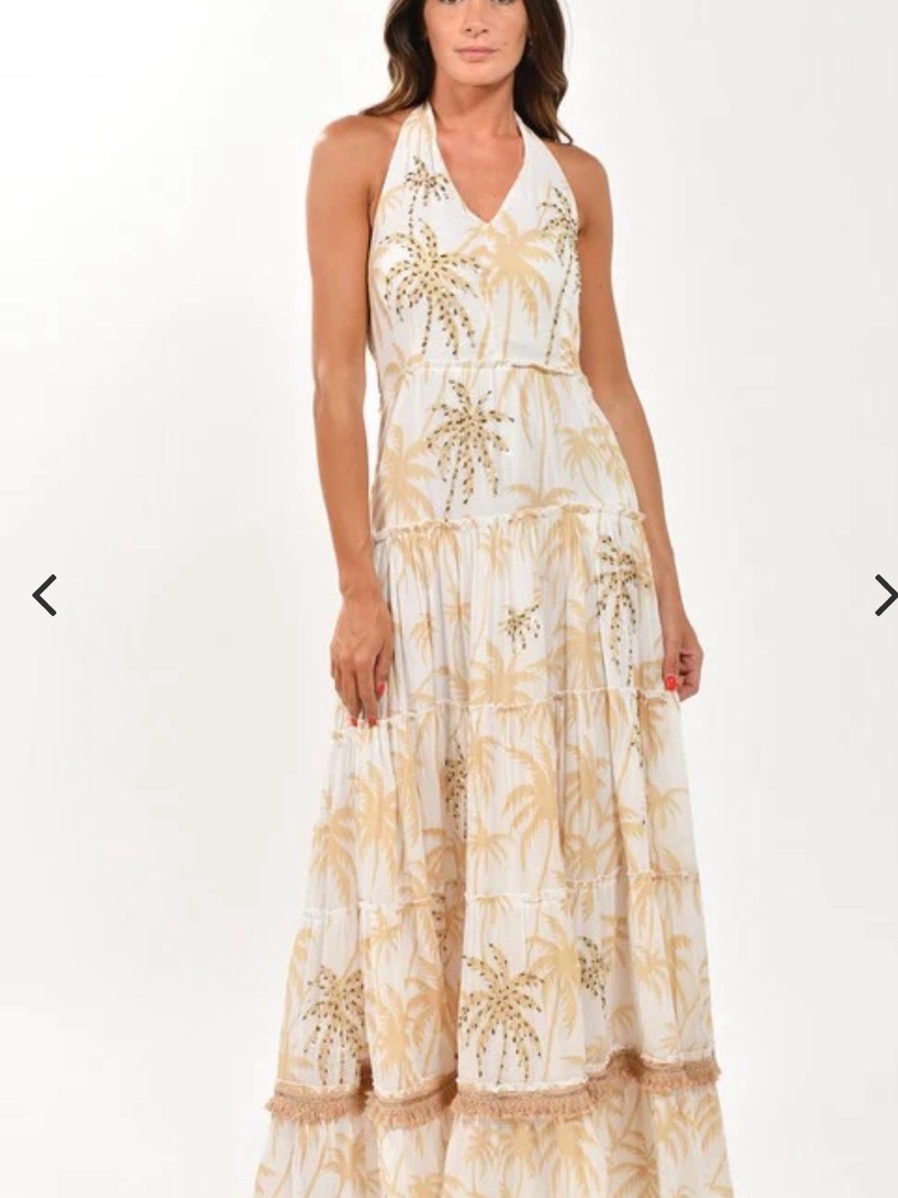 BAROK Palm-Print Halter Maxi Tiered Dress